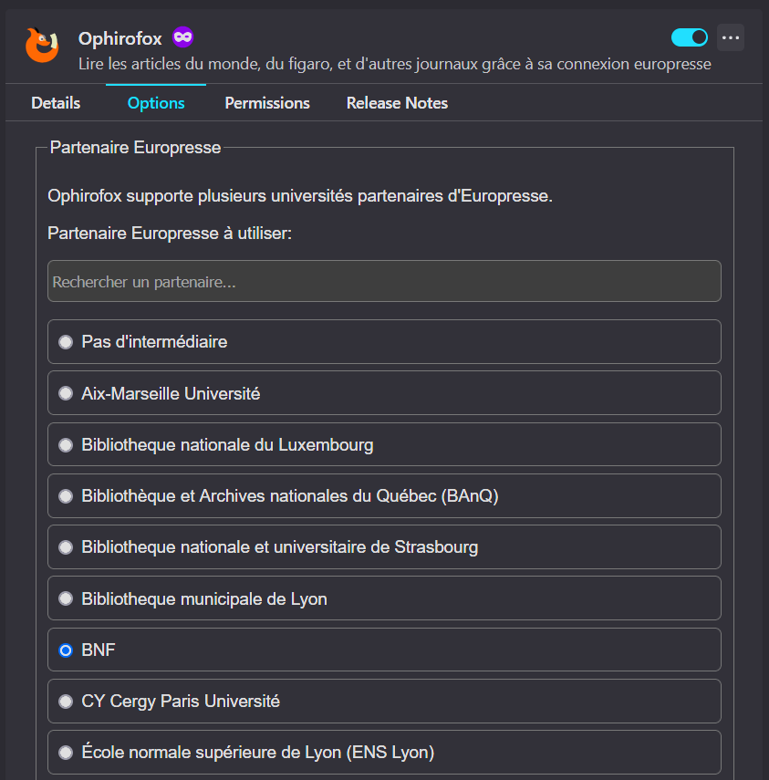 Configuration de l'extension Ophirofox